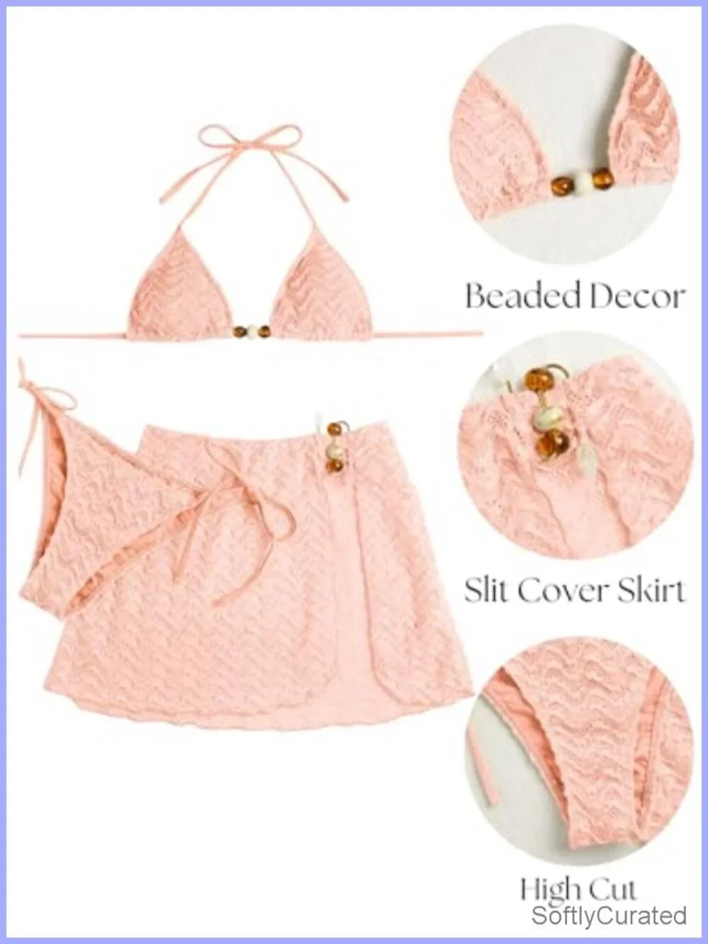 Textured Halter Triangle Bikini Set with Cover Up Skirt